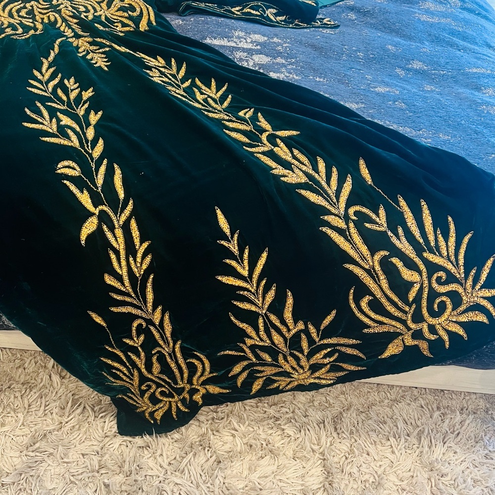 Elegant Green and Gold Embroidered Fabric